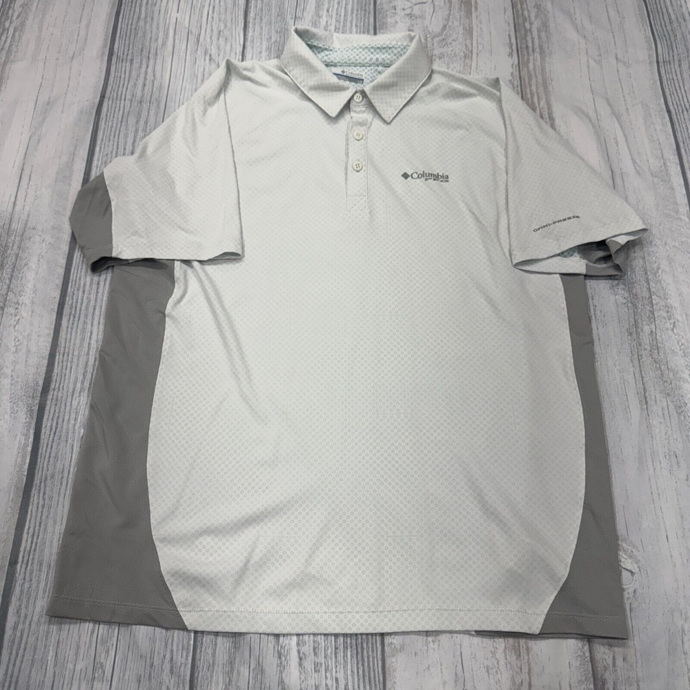Coumbia PFG Polo Shirt Large White Gray Omni Freeze‎ Fising Golf Mens